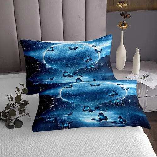 Vista 4 de Feelyou Juego de colcha para niños, diseño de mariposa verde azulado, tamaño individual, luna sobre océano, para niños y adolescentes, decoración