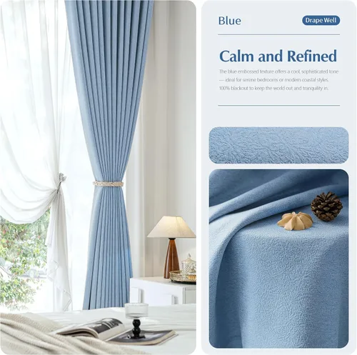 Vista 5 de FMFUNCTEX Cortinas florales 100% opacas para dormitorio, cortinas texturizadas en relieve azul de 63 pulgadas de largo para sala de estar, cortina