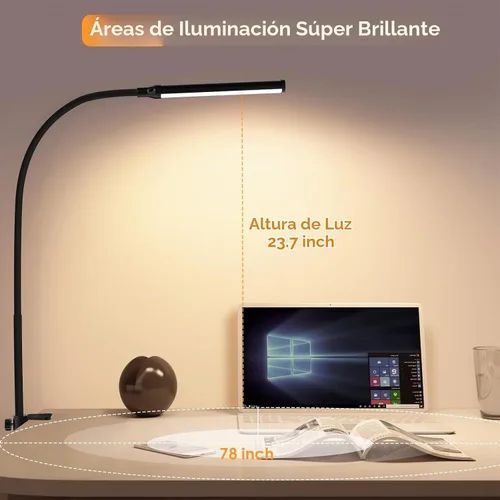 Vista 5 de Lámpara de escritorio LED ShineTech con abrazadera, 3000K Blanco Cálido, 11 niveles de brillo, luces de pinza para el cuidado de los ojos para hogar