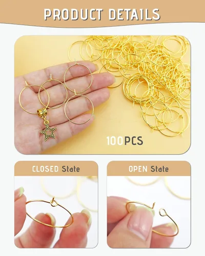 Vista 3 de JIALEEY 100 anillos de cristal de vino de 0.98 pulgadas chapados en oro de 0.98 pulgadas (0.984 in), aro abierto para hacer joyas, boda, fiesta