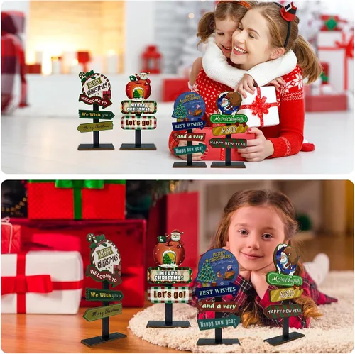 Vista 2 de Decoraciones de mesa de Navidad, 4 tableros rectangulares de madera, estilo rústico de granja, policromo, 8.86 x 4.72 pulgadas, montaje en pared