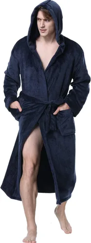 Vista 16 de KEMUSI Bata suave tipo herringbone con capucha para hombre, bata de spa de longitud completa, cómoda y cálida de noche Negro