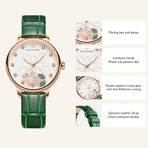 Vista 2 de Reloj para mujer Bee Watches para mujeres con abejas en movimiento entre doble cristal de zafiro con correa de cuero genuino, manecillas luminosas