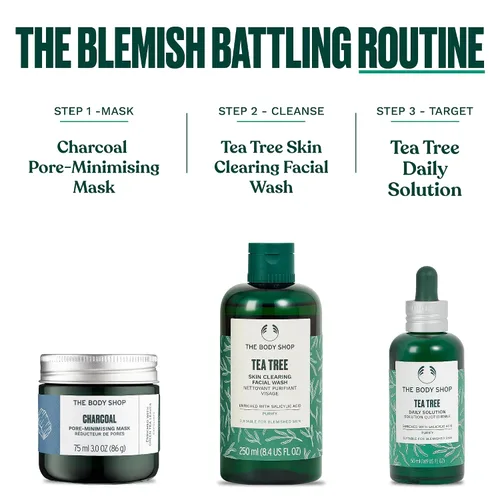 Vista 7 de The Body Shop. Producto 3 en 1 de árbol del té para el baño. Lavar, restregar, aplicar máscara. Hecho con aceite de árbol del té, vegano, 4,2 onzas