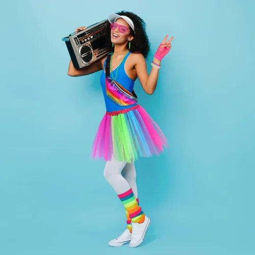 Vista 6 de SOMSOC Juego de accesorios de Halloween para disfraz de los años 80 de 18 piezas, incluye tutú, diadema, collar, guantes, anteojos, calentadores