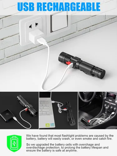 Vista 3 de Linternas LED recargables, linterna magnética súper brillante linterna táctica con luz lateral, recargable por USB, zoom, impermeable, mejor