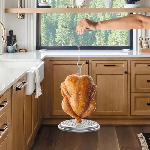 Vista 7 de Kit de accesorios para freidora de pavo perforado, pollo, aves de corral, con mango de alambre, gancho elevador, base vertical para asador
