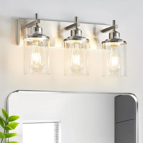 Vista 17 de Lanhall Lámpara de baño de 3 luces, estilo granja, vintage, sobre espejo, de metal pintado en madera y negro con pantalla de cristal, enchufe E26