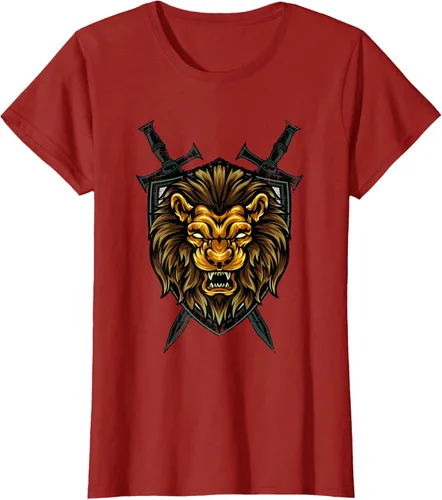 Vista 46 de Camiseta con diseño de caballero medieval renacentista, con diseño de espada de león, Negro, S