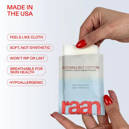 Vista 6 de Raan, 100% algodón, 99% agua purificada, toallitas limpiadoras faciales y corporales, sin fragancia, sin blanquear, hipoalergénicas, verificadas por