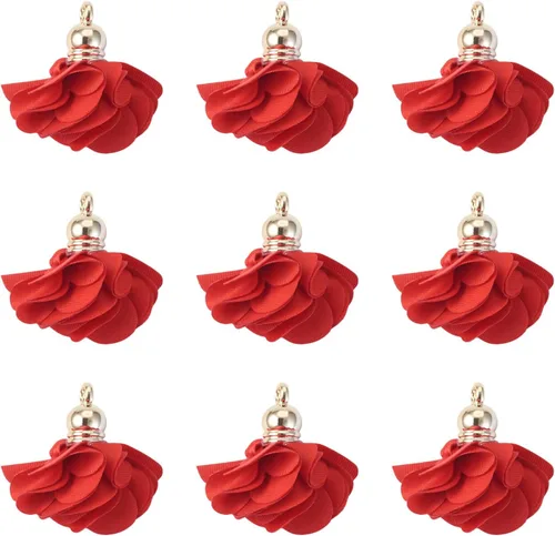 Vista 9 de Cheriswelry 50 colgantes de tela de tela de flores de tela negra con pétalos florales con tapa dorada en forma de campana para manualidades, aretes