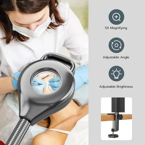 Vista 4 de Paddie Vaporizador facial profesional 3 en 1 sobre ruedas para esteticista, niebla fría y caliente, lámpara de aumento LED 5X, color negro