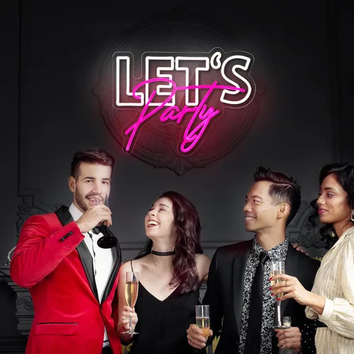 Vista 6 de Letrero de neón con texto en inglés "Let's Party", para decoración de pared, decoración de fiesta, luces LED de neón regulables por USB