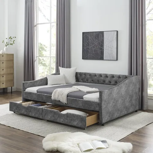 Vista 13 de Sofá cama tapizado de tamaño matrimonial con 2 cajones de almacenamiento, sofá cama con botones y brazos para uñas, color beige Completamente beige