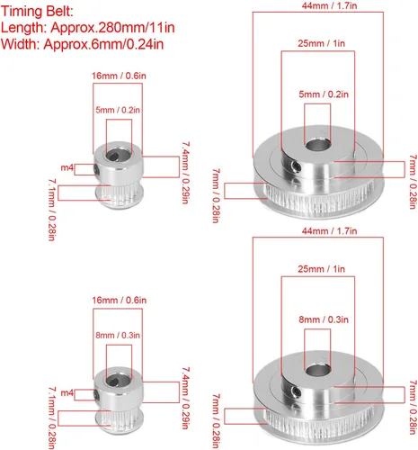 Vista 4 de Juego de polea de sincronización de aluminio de rueda síncrona, 20 dientes, 60 dientes con 11.024 in de longitud, 0.236 in de ancho, correa