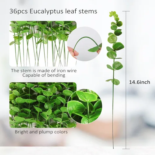 Vista 5 de RECUTMS 36 tallos de hojas de eucalipto verdes de 15 pulgadas, ramas de hojas de eucaliptos artificiales, púas de vegetación tierna, primavera