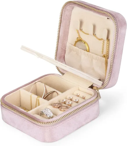 Vista 2 de SoleGood Joyero pequeño de terciopelo de felpa, organizador de almacenamiento de collares, anillos, mini joyero, organizador de viaje para mujeres