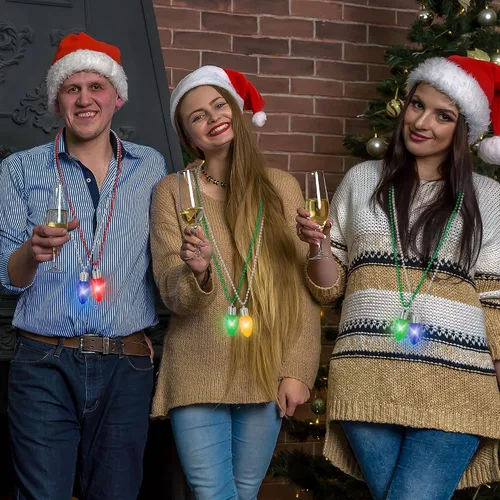 Vista 5 de Collar de Navidad, 8 piezas de collares colgantes con bombillas LED de Navidad, accesorios de Navidad a granel con cuentas verdes, amarillas, rojas