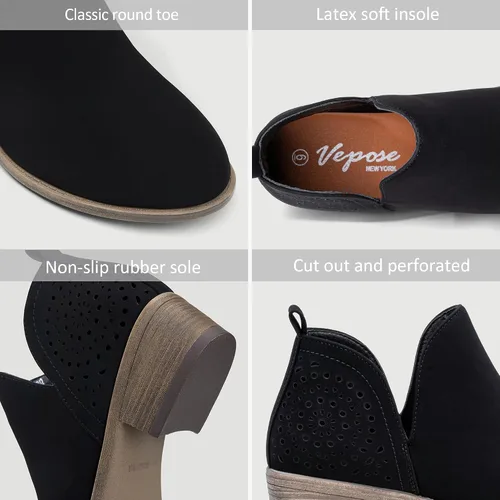 Vista 3 de VEPOSE botas al tobillo para mujer con tacón bajo y grueso, con perforaciones, botas de vaquero