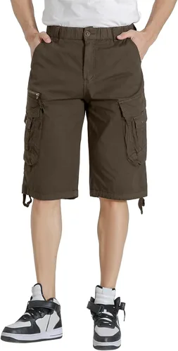 Vista 3 de Pantalones cortos cargo con cintura elástica para hombre, con bolsillo con cremallera, ajuste relajado, elásticos, ligeros, de algodón
