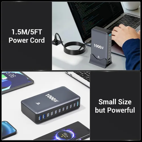 Vista 8 de Estación de carga USB C de 1000 W, cargador de escritorio GaN de 10 puertos, estación de carga rápida para múltiples dispositivos con puertos USB C