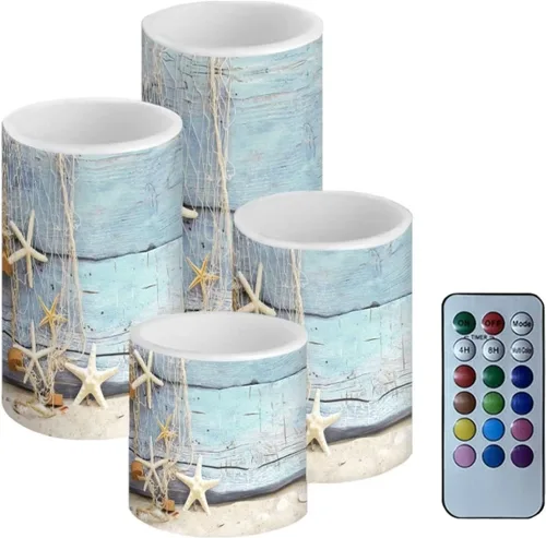 Vista 47 de Velas LED parpadeantes operadas por batería, juego de 4 con control remoto y temporizador, velas de llama danzante, velas de pilar para mesa, Playa