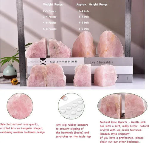 Vista 6 de AMOYSTONE Sujetalibros de cristal de cuarzo rosa para decoración de biblioteca de oficina