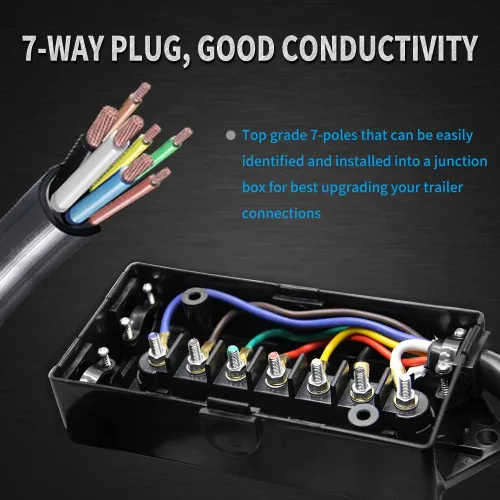 Vista 2 de Enchufe de remolque de 7 vías, cable de remolque en línea resistente de 8 pies con caja de conexiones de cableado de 7 cuadras, resistente a
