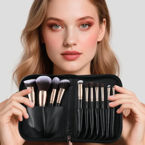 Vista 7 de Juego de brochas de maquillaje con estuche de viaje negro, base sintética suave de alta calidad, pinceles de contorno y sombra de ojos para mezcla