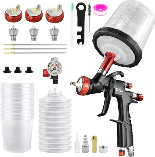 Vista 7 de RRJ A610 LVLP - Kit de pistola de pulverización de aire, pistolas de pintura automotriz de 0.051 in con taza mezcladora de 22.0 fl oz y 10 vasos