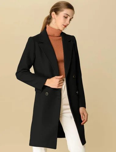 Vista 3 de Allegra K Abrigo de invierno para mujer con solapa de doble botonadura y cinturón medio largo