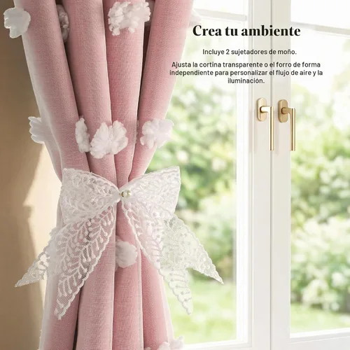 Vista 2 de RYB HOME Cortinas rosas con bonito pompón transparente superposición de 96