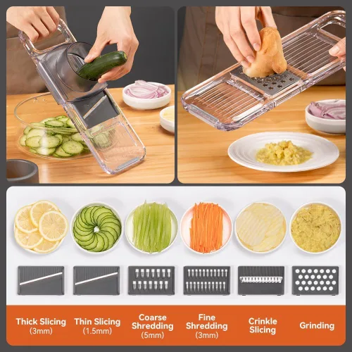 Vista 2 de KEOUKE Cortador de mandolina multifuncional transparente, 6 cuchillas intercambiables, cortador de verduras de mano con protector de mano