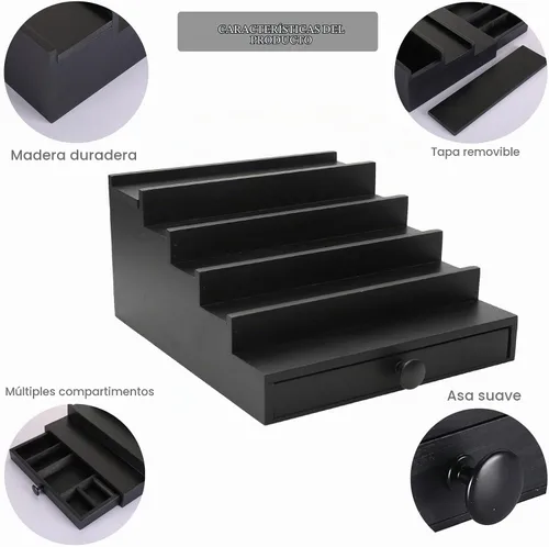 Vista 4 de 5 Tier Men's Cologne Organizer, Black Wood Display Stand Holder with Drawer Negro-5 niveles