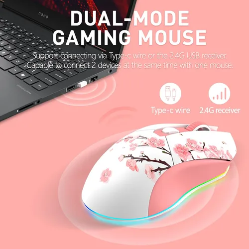 Vista 3 de DAREU Ratón inalámbrico Sakura rosa para juegos con base de carga recargable RGB, DPI de 12K, 6 botones programables con sensor de alta precisión
