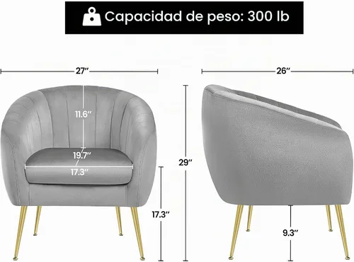 Vista 2 de Yaheetech Silla de Tocador Moderna, Silla de Acento de Terciopelo Suave con Patas de Metal Dorado, Sillón Acolchado Chaise Longue para Sala de Gris