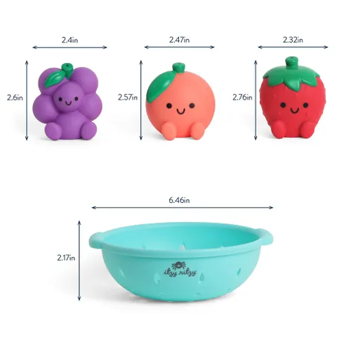 Vista 7 de Itzy Ritzy Juguetes Rociadores de Baño – Juego de 3 Juguetes de Baño Texturizados con Forma de Fruta y 1 Colador Rociador – Itzy Splash Pals
