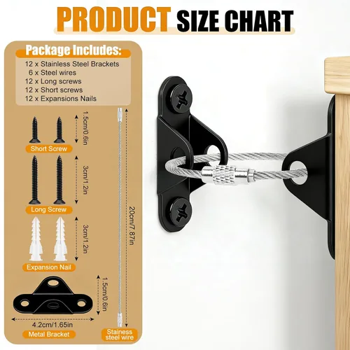 Vista 2 de Paquete de 6 anclajes para muebles a prueba de bebés, kit de seguridad con correas antipuntas para evitar que el tocador, estantería, armario se