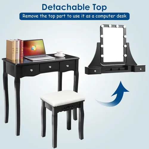 Vista 5 de LDAILY Juego de mesa de tocador con 10 luces LED, tocador de maquillaje con espejo cuadrado iluminado giratorio de 360°, taburete acolchado y 5