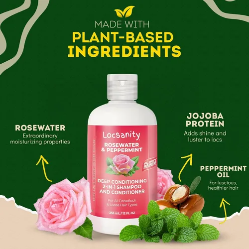 Vista 2 de Locsanity Agua de Rosas y Menta Champú y Acondicionador 2 en 1 para Todos los Tipos de Dreadlocks y Peinados – Champú y Acondicionador Hidratante