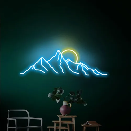 Vista 5 de Letrero de neón LED con diseño de montaña y puesta de sol de 18 pulgadas, letrero de neón con diseño de montaña y amanecer, regalos para la oficina