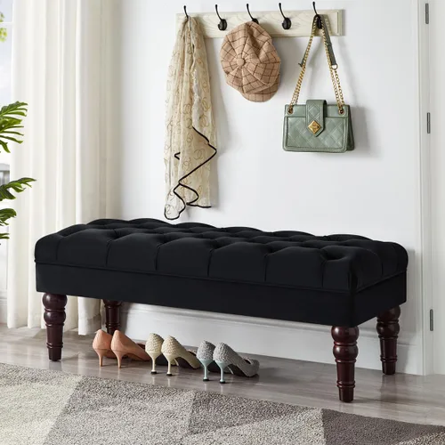 Vista 3 de 24KF Banco de entrada tapizado con botones capitoné de terciopelo con pata de madera maciza, banco de cama otomano con asiento acolchado, 5061N-Negro
