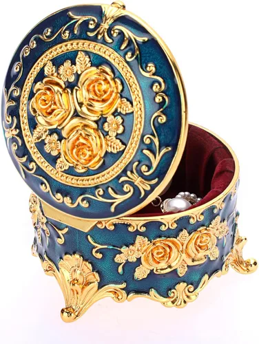 Vista 8 de Hipiwe Joyero de metal antiguo para anillos, aretes, caja de tesoros, caja pequeña de baratija, caja redonda de exhibición de joyas, organizador