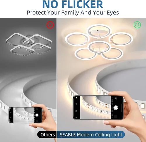 Vista 5 de Lámpara de techo LED, lámpara de techo moderna de 6 anillos, 77 W regulable 3000K a 6500K, luz de techo blanca con control remoto para sala