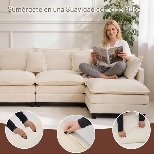 Vista 3 de Sofá seccional, cómodo sofá modular de nube, sofá modular de asiento profundo, sofá moderno en la nube, sofás modulares para sala de estar Beige