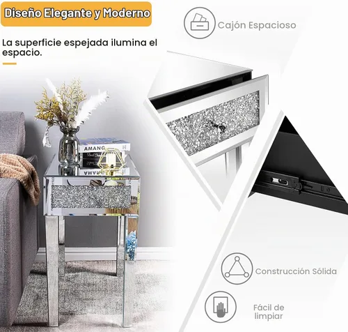 Vista 4 de VINGLI Mesa auxiliar estrecha con espejo, pequeña mesa auxiliar para sofá/sofá/cama con almacenamiento, mesita de noche de cristal delgada