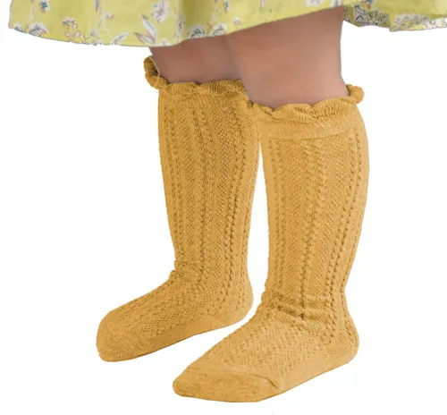 Vista 6 de EPEIUS Girls Cotton Knee High Socks Mesh Ruffle School Uniform Long Socks Clásico de otoño (blanco/gris/azul marino/amarillo/vino)