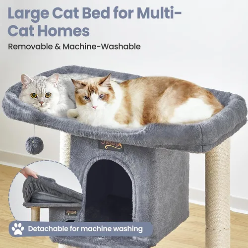 Vista 2 de Torre Rascador para Gatos Grandes de Interior, Árbol Pequeño para Gatos con Cama de Percha Grande, Casa de Árboles de 28 Pulgadas de Alto con Cueva