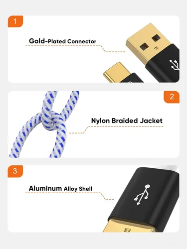 Vista 5 de Cable USB C a USB corto de 0.8 pies, USB A a C de carga rápida USB a tipo C para iPhone 15/16, banco de energía Galaxy S22, Android Auto/teléfono