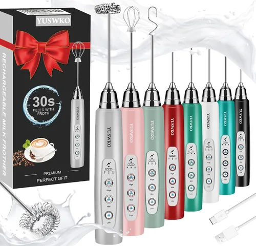 Vista 23 de YUSWKO Baby Blue - Varita espumadora de leche de mano para café, batidor eléctrico recargable con 3 cabezales, 3 velocidades, mezclador de bebidas
